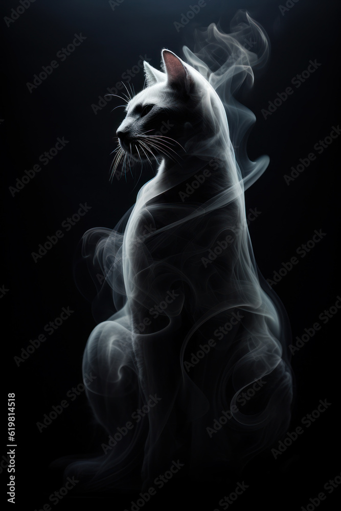 Cat made of smoke against black background