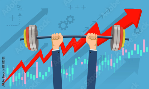 Businessman lifts the barbell against the backdrop of growing successful financial charts. Vector illustration