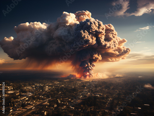 Nuclear bomb explosion mushroom cloud over city Generative AI