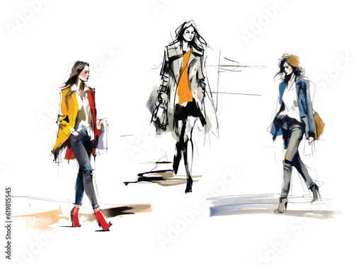 Set of vector illustrations: fashionably dressed women are walking. Fashion sketch made with watercolors and markers, expressive line.