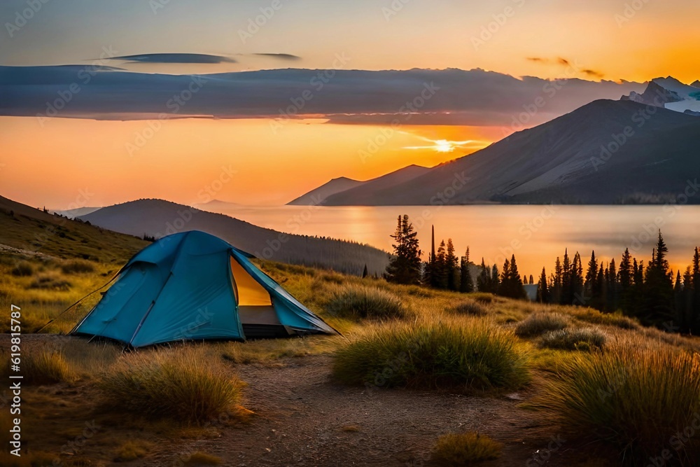Obraz premium Serenade of Solitude: Experience the Enchanting Romance of a Mountain Sunset Camping Retreat!