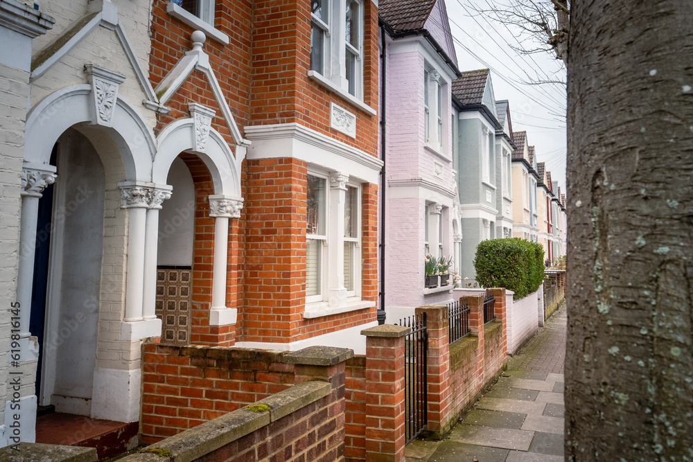 Row of typical British terraced houses in south west London