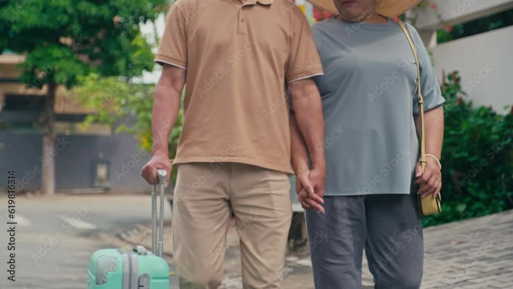 Cropped image of senior couple walking with suitcase waiting for transport to airport Cropped image of senior couple walking with suitcase waiting for transport to airport