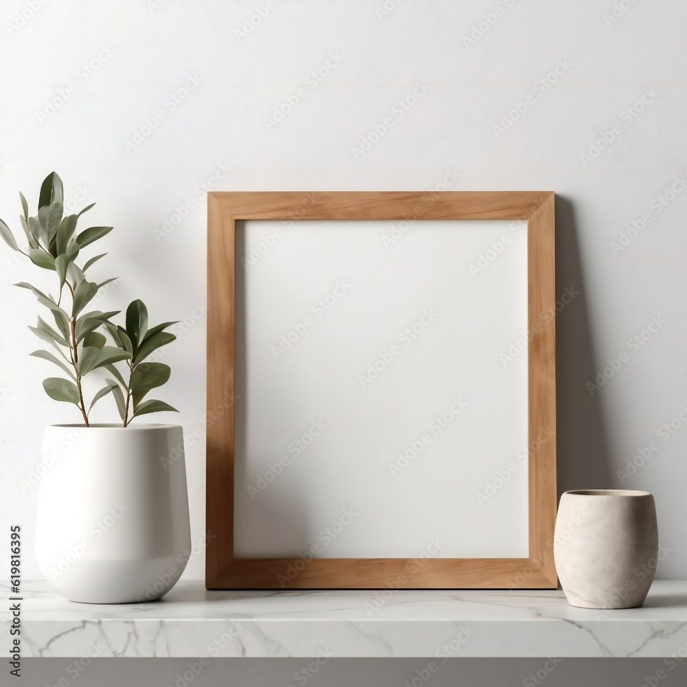 Blank white picture art frame mock up design showcase on table Generative AI Blank white picture art frame mock up design showcase on table Generative AI