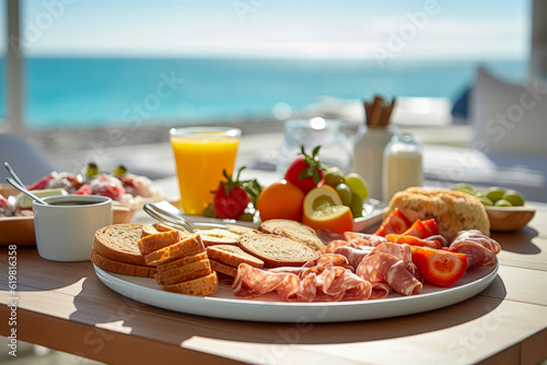Frühstück im Urlaub unter freiem Himmel mit Blick auf das Meer im Sonnenschein.