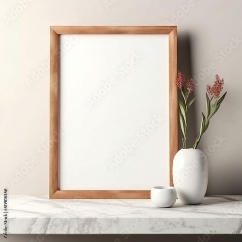 Blank white picture art frame mock up design showcase on table Generative AI 