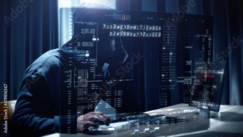 Fototapeta Naklejka Na Ścianę i Meble -  Futuristic cyber hacker operating under the guise of Anonymous, employs advanced algorithms to infiltrate cybersecurity systems and exploit vulnerabilities in password security. Concept : Cyber Hacker