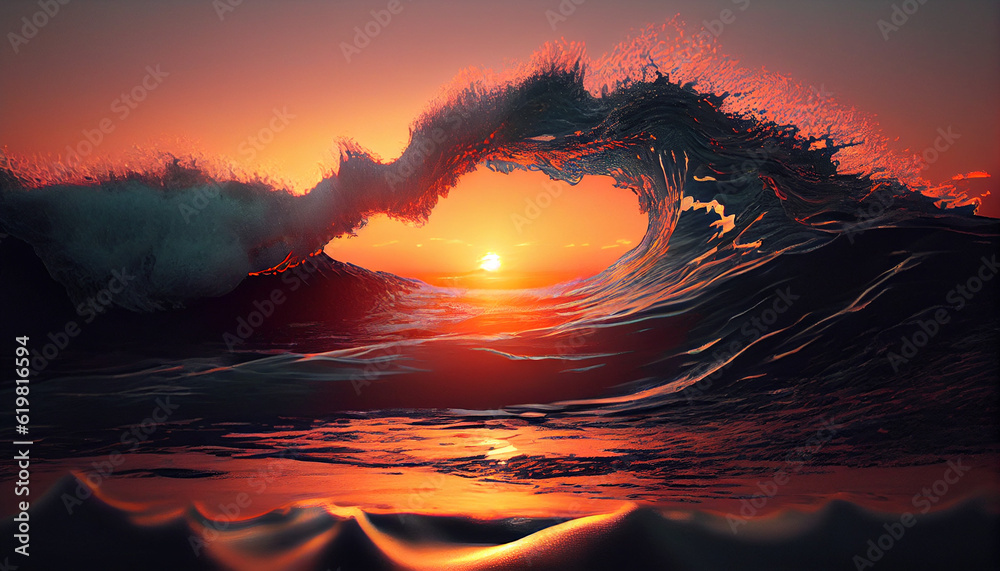 beautiful view of ocean waves with sun sets wallpaper Generative Ai technology