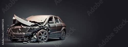Collision of cars, car accident on the street, damaged car after a collision. AI photo