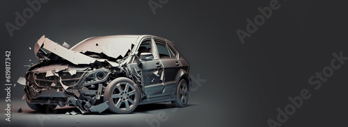 Collision of cars, car accident on the street, damaged car after a collision. AI