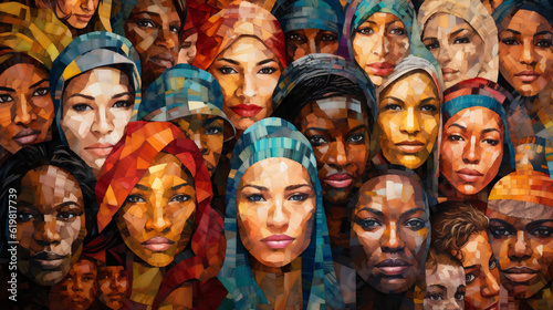 Mosaic painting of a group of diverse, multicultural women's faces. Scene depicts diversity, multiculturalism, inclusion, race, culture, unity, global harmony and togetherness.