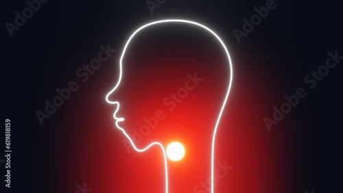 Sore throat concept. Human head silhouette with red glowing acute nasopharynx pain 3d animation 4K. Tonsillitis illness Patient with painful swallowing, malaise, inflammation, fever virus symptoms. photo
