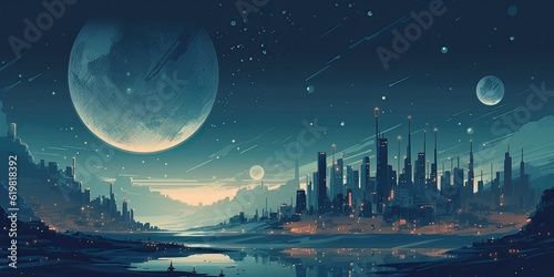 Futuristic illustration of a big city with planets.