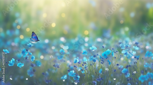 A field of blue flowers with a butterfly flying over them  Generative AI