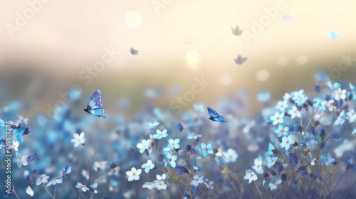 A field of blue flowers with a butterfly flying over them, Generative AI