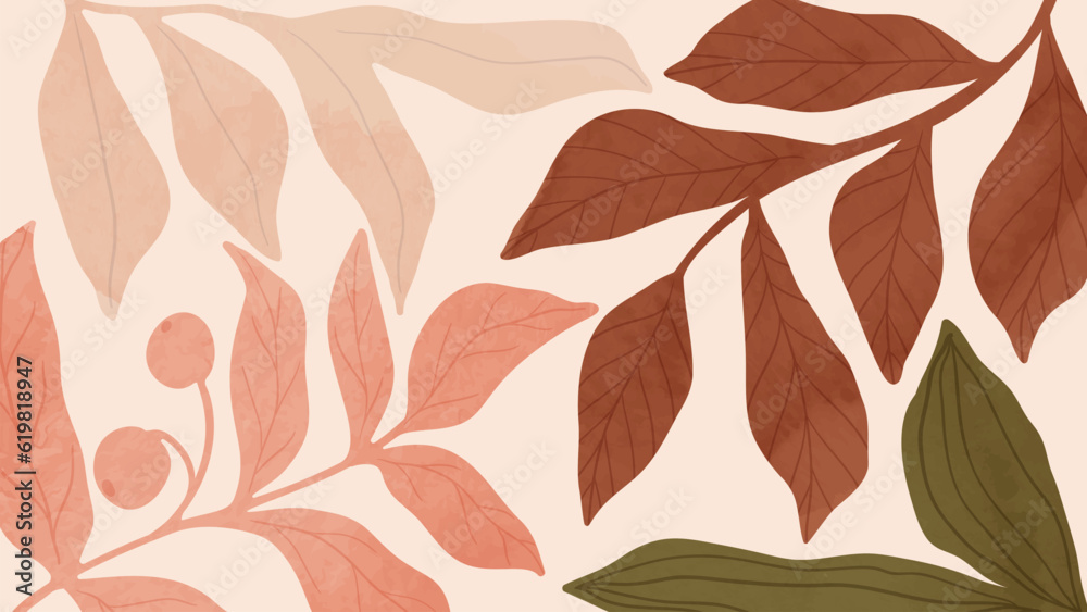 Abstract art autumn background vector. Botanic fall season hand drawn pattern design with leaves branch. Simple contemporary style illustrated Design for fabric, print, cover, banner, wallpaper.