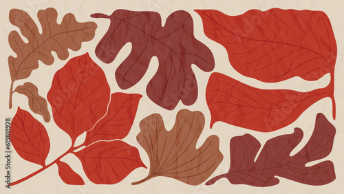 Abstract art autumn background vector. Botanic fall season hand drawn pattern design with oak leaves branch. Simple contemporary style illustrated Design for fabric, print, cover, banner, wallpaper.