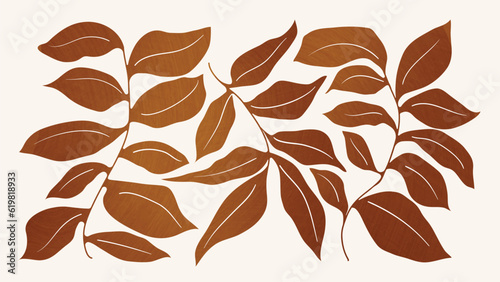 Abstract art autumn background vector. Botanic fall season hand drawn pattern design with leaves branch. Simple contemporary style illustrated Design for fabric, print, cover, banner, wallpaper.