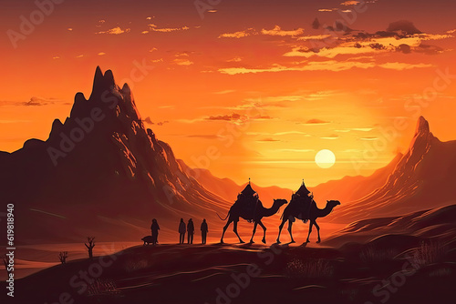 Silhouette of Camel Caravan at Sunset in the Desert