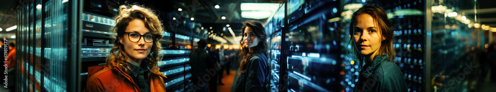 In the digital heart of a data center, young weman IT expert weaved her expertise, nurturing the veins of technology that connect the world. Generative AI In the digital heart of a data center, young weman IT expert weaved her expertise, nurturing the veins of technology that connect the world. Generative AI