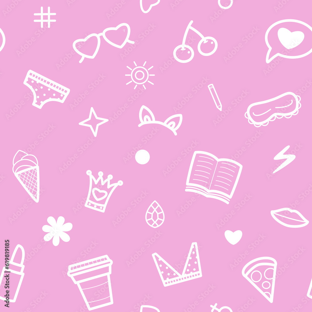 Fototapeta premium Girl power seamless pattern. White sketched girlish elements on baby pink background. Cute feminine allover print with ice cream, bra, lipstick and hearts, icons
