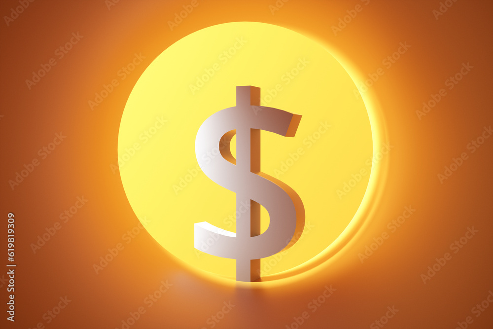 Close-up of dollar currency icon in yellow tunnel. 3d rendering illustration Close-up of dollar currency icon in yellow tunnel. 3d rendering illustration