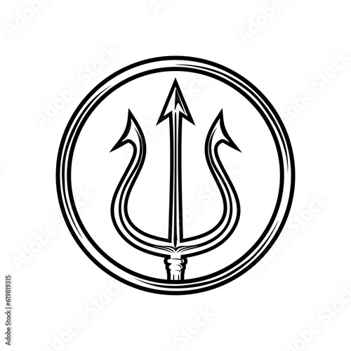 Trident symbol in round shape. Circular Trident black icon in minimal style. Demon tridental spear logo design isolated on white background. Neptune sign or Triton king spear or devil spear. Vector