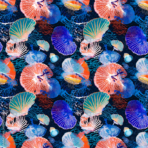 Seamless blue red underwater shell clam repeat background. Tropical modern seashell coastal pattern clash fabric coral reef print for summer beach textile designs with a linen cotton effect.