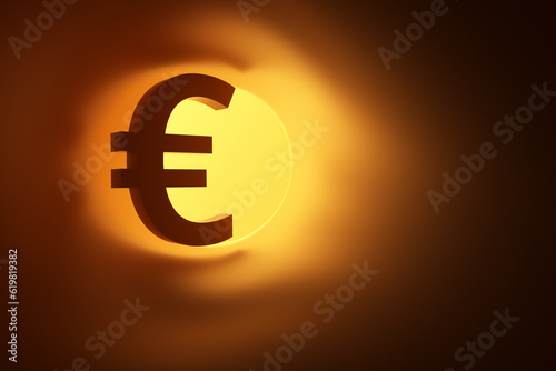 Close-up of Euro currency icon in yellow tunnel. 3d rendering illustration photo