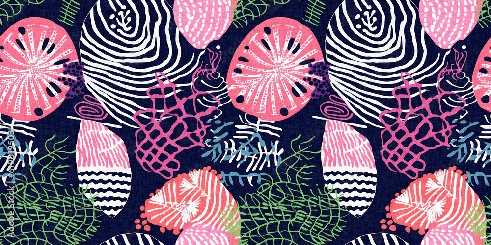 Seamless trendy underwater shell clam repeat background. Tropical modern seashell coastal pattern clash fabric coral reef border print for summer beach textile banner edge with a linen cotton effect. Seamless trendy underwater shell clam repeat background. Tropical modern seashell coastal pattern clash fabric coral reef border print for summer beach textile banner edge with a linen cotton effect.