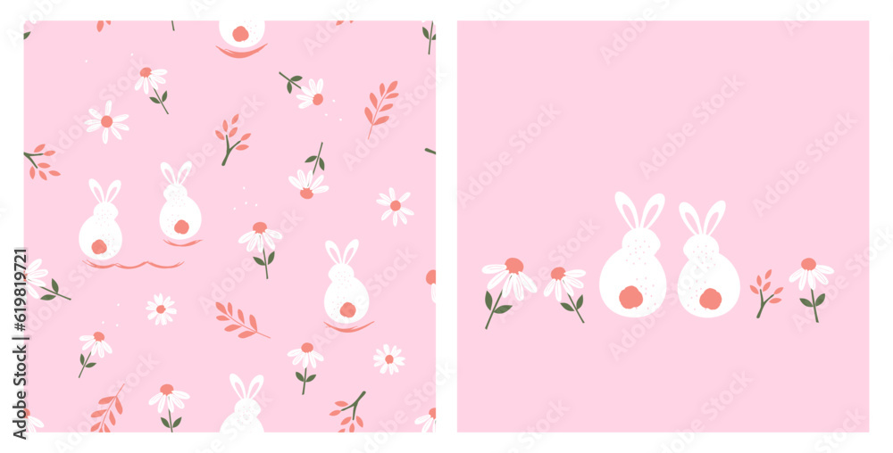 Seamless pattern with bunny rabbit cartoons, branch and daisy flower on pink background vector illustration. Seamless pattern with bunny rabbit cartoons, branch and daisy flower on pink background vector illustration.