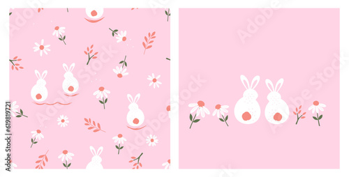 Seamless pattern with bunny rabbit cartoons, branch and daisy flower on pink background vector illustration.