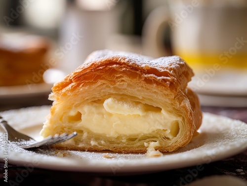 pasticciotto with a golden, flaky crust and creamy filling on a white plate photo