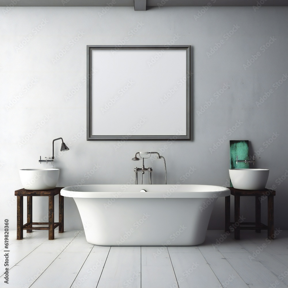 Blank white photo art frame mock up design showcase in modern bathroom Generative AI Blank white photo art frame mock up design showcase in modern bathroom Generative AI
