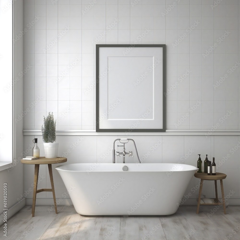 Blank white photo art frame mock up design showcase in modern bathroom Generative AI 