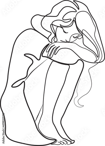 Woman in depression. A young sad girl sits and unhappily hugs her knees. one line drawing