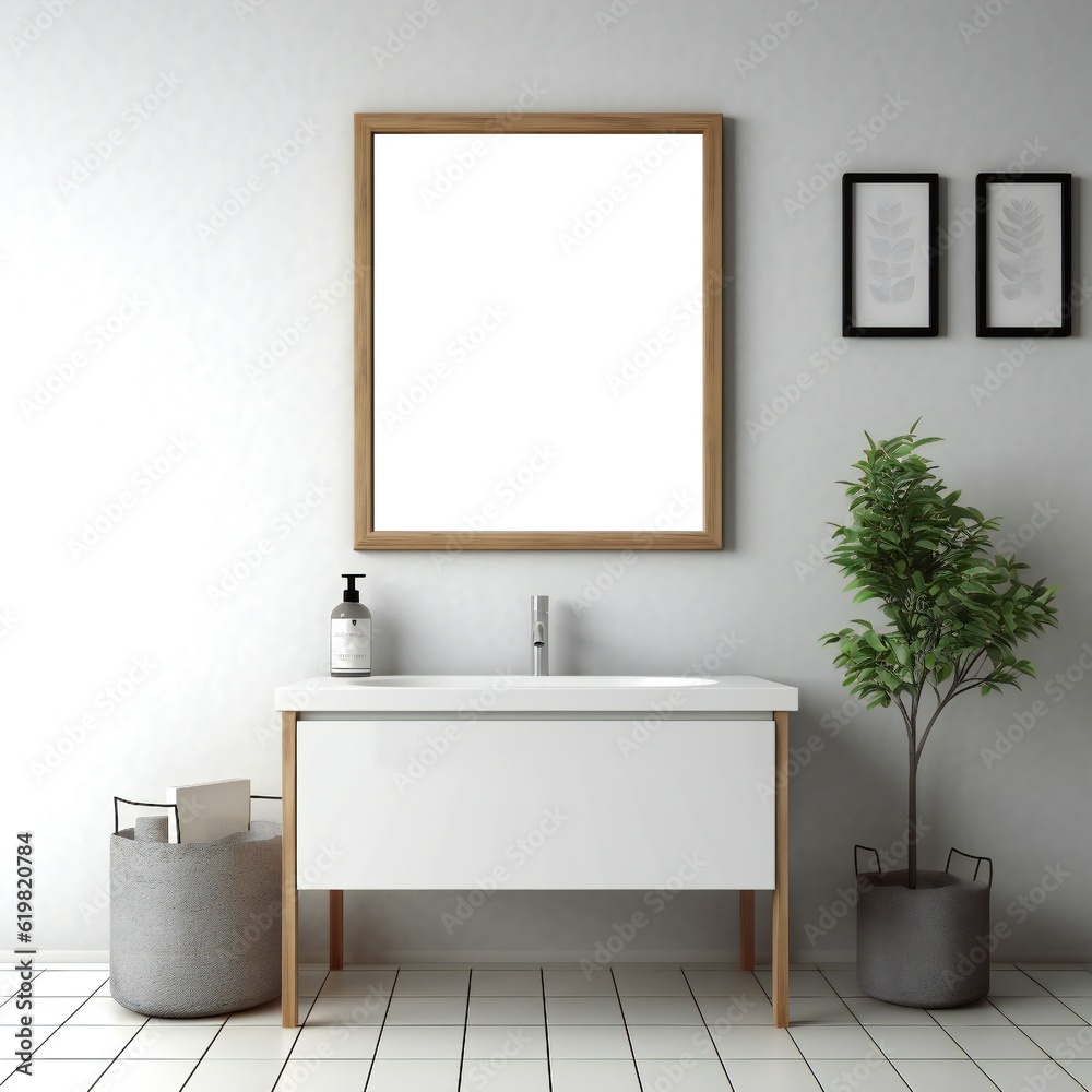 Blank white photo art frame mock up design showcase in modern bathroom Generative AI Blank white photo art frame mock up design showcase in modern bathroom Generative AI