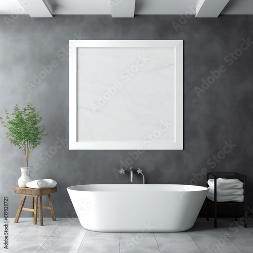 Blank white photo art frame mock up design showcase in modern bathroom Generative AI 