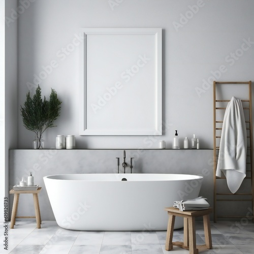 Blank white photo art frame mock up design showcase in modern bathroom Generative AI 