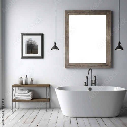 Blank white photo art frame mock up design showcase in modern bathroom Generative AI 