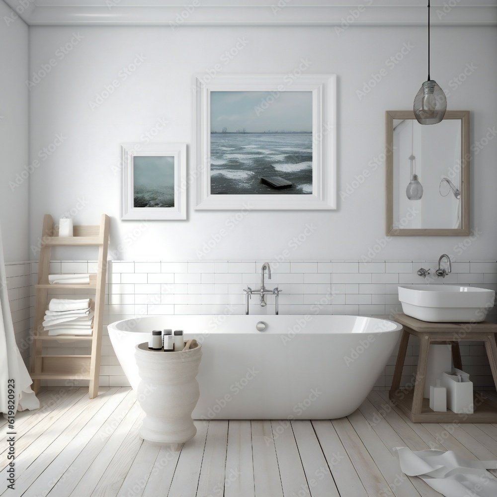 Blank white photo art frame mock up design showcase in modern bathroom Generative AI 