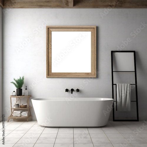 Blank white photo art frame mock up design showcase in modern bathroom Generative AI 