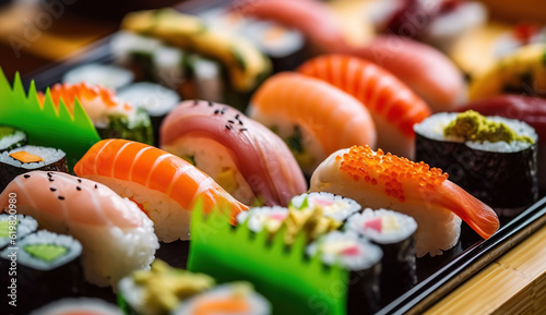 Appetizing delicious colorful sushi served table in restaurant. Generative AI