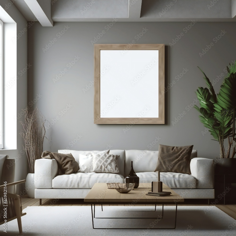 Fototapeta premium Blank white photo art frame mock up design showcase in modern bathroom Generative AI 