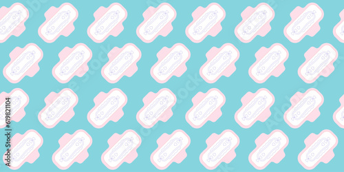 Seamless pattern with sanitary pad on blue background. Feminine hygiene. Personal hygiene item for menstruation. Texture with female pad. Vector illustration with sanitary napkin