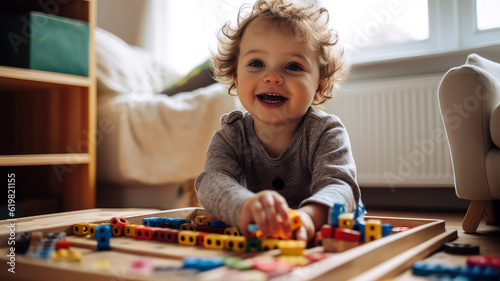 A child playing with toys and engaging in imaginative play. The child is smiling and appears to be enjoying themselves