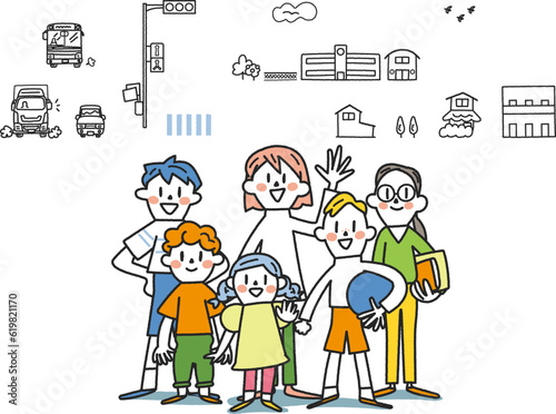 1年生から6年生の元気な小学生と通学路　セット　イラスト素材
