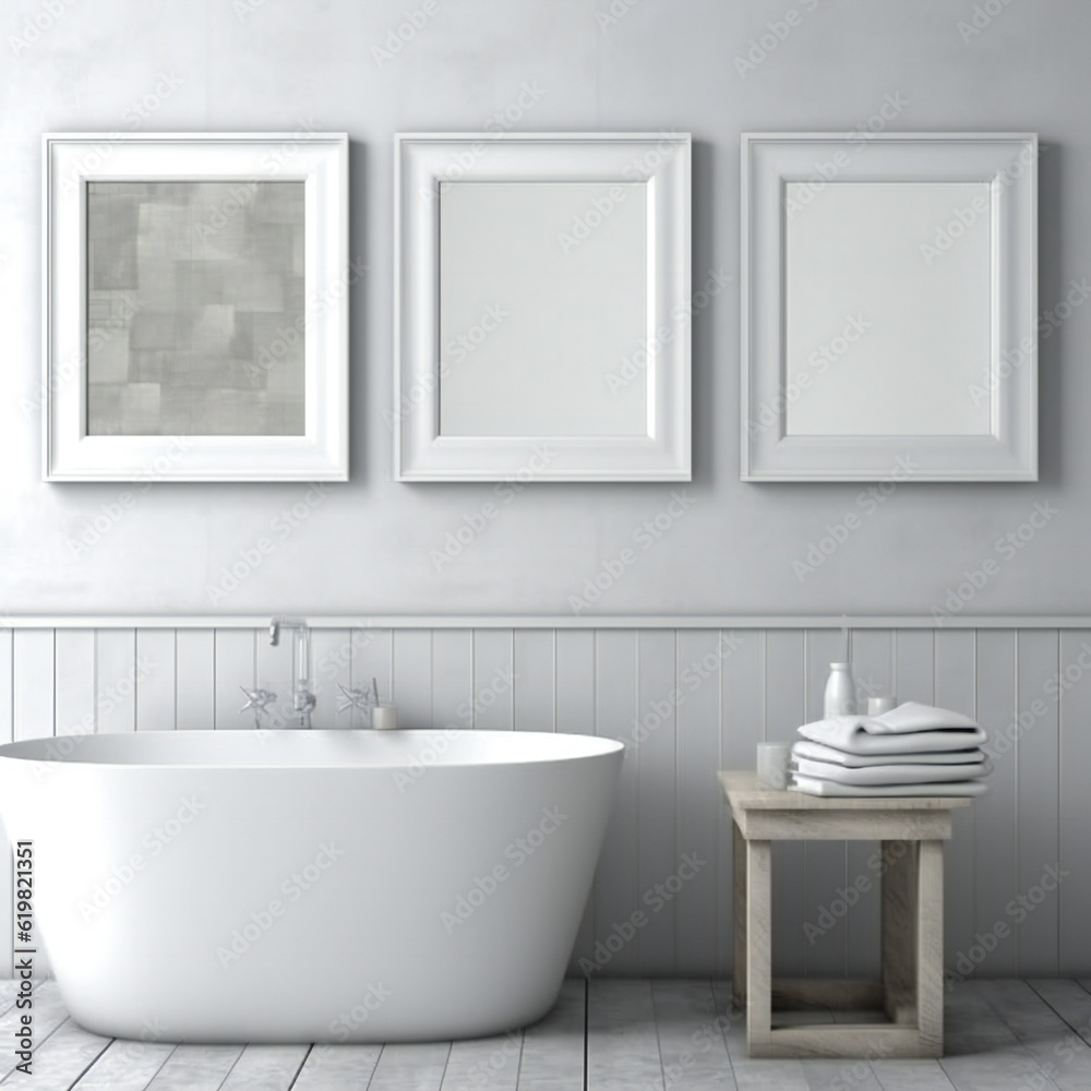 Blank white photo art frame mock up design showcase in modern bathroom Generative AI Blank white photo art frame mock up design showcase in modern bathroom Generative AI