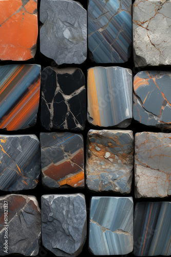 a collection of rocks in different colors, in the style of grid-like structures, dark orange and dark gray and light gray and muted blue and light black