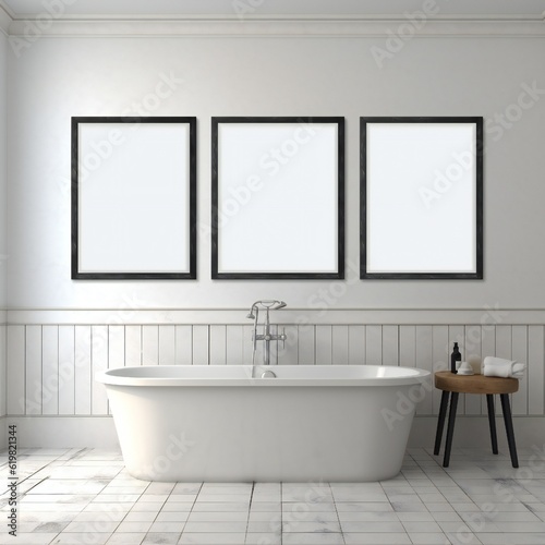 Blank white photo art frame mock up design showcase in modern bathroom Generative AI 